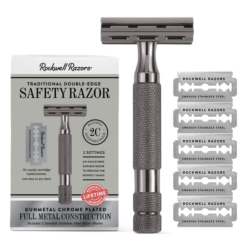 ROCKWELL RAZORS 2C Gunmetal Chrome Double Edge Safety Razor With Adjustable Shave Settings and 5 Fully Recyclable Razor Blades. Reusable Safety Razors for Men and Women - Image 1